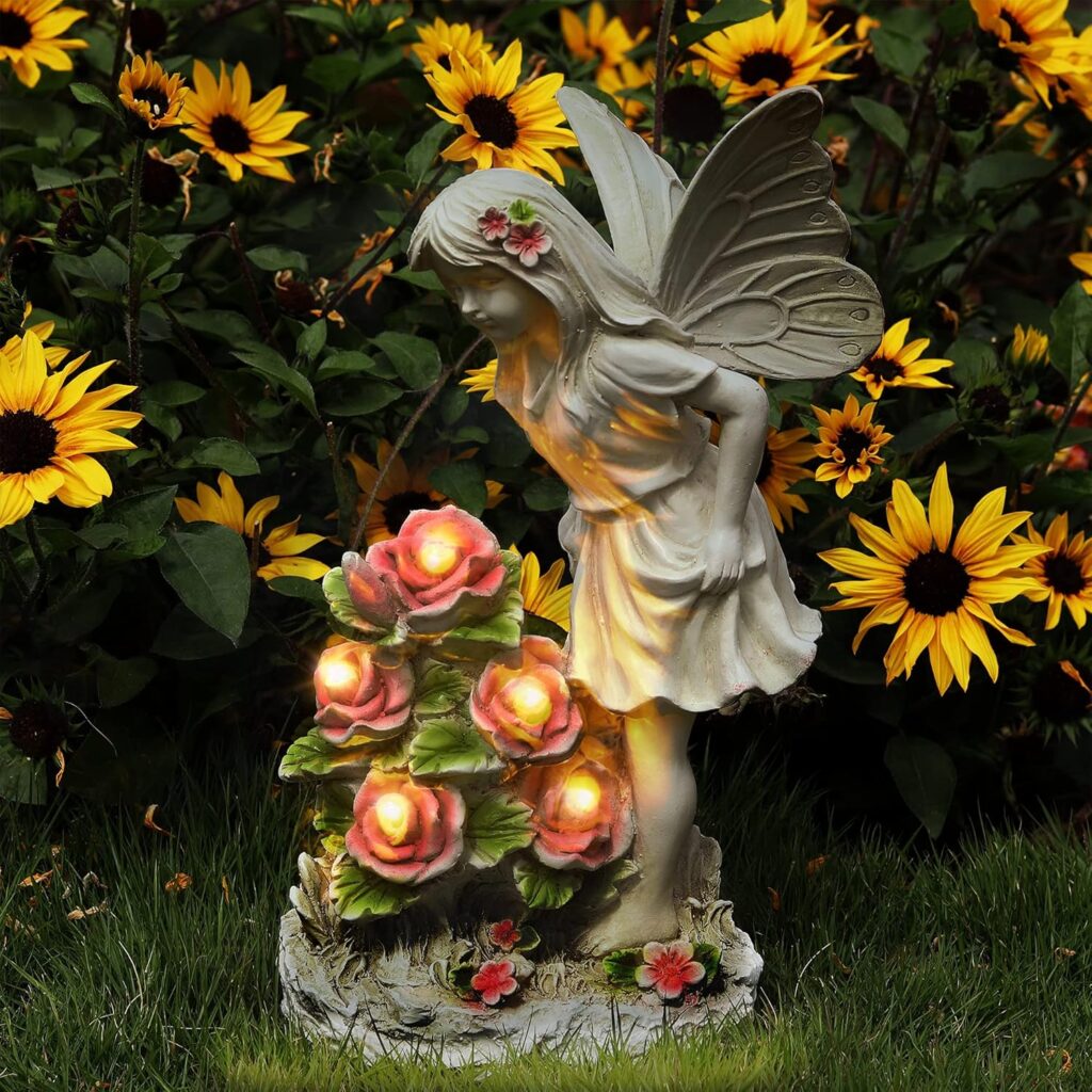 Garden Figurines  Garden Angel Statue Outdoor Decor, Solar Powered Resin Sculpture with 5 LEDs