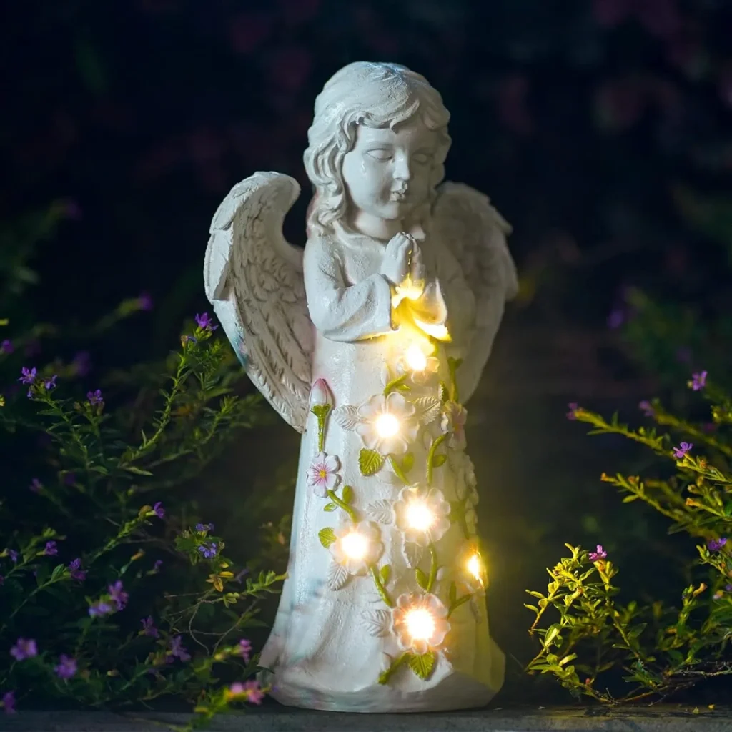 Nacome Solar Garden Outdoor Statues Angel with Succulent and 7 LED Lights